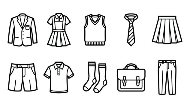 A collection of clean black linear school uniform icons featuring clothing items isolated on white background vector illustration