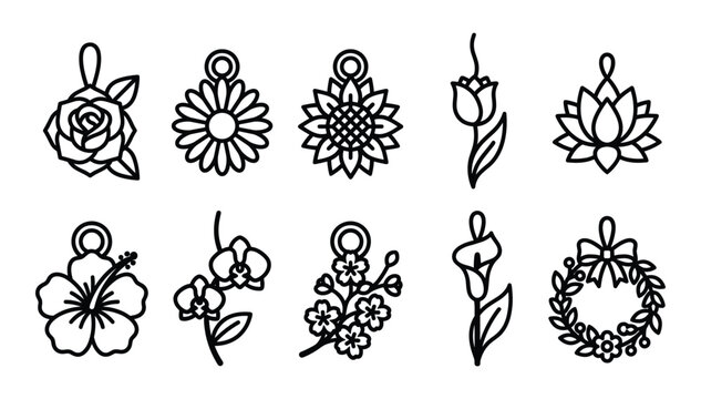 A collection of elegant black outline floral pendant and hanging flower icons isolated on white background vector illustration