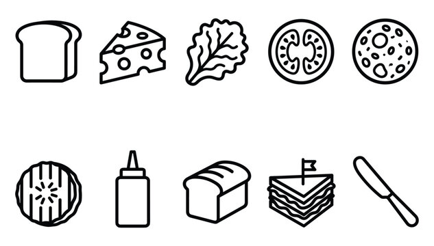 Minimalist black outline icon set of sandwich preparation ingredients food elements and kitchen utensils