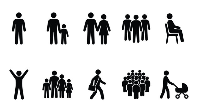 Minimalist people pictogram silhouette set featuring family figures crowd public symbols walking and diverse human icon elements