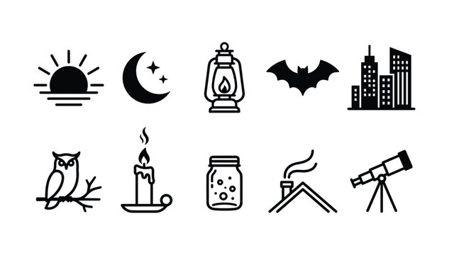Minimalist vector icon set combining linear and solid silhouettes representing night time evening outdoor and astronomy concepts