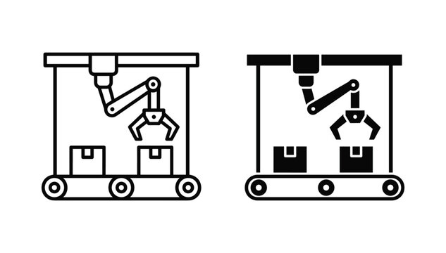 Modern linear and solid black industrial robotic arm automation assembly conveyor belt package handling manufacturing smart factory web UI icon vector on white background