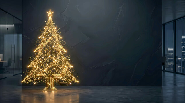 ​Elegant corporate holiday tech background with glowing gold abstract tree and copy space