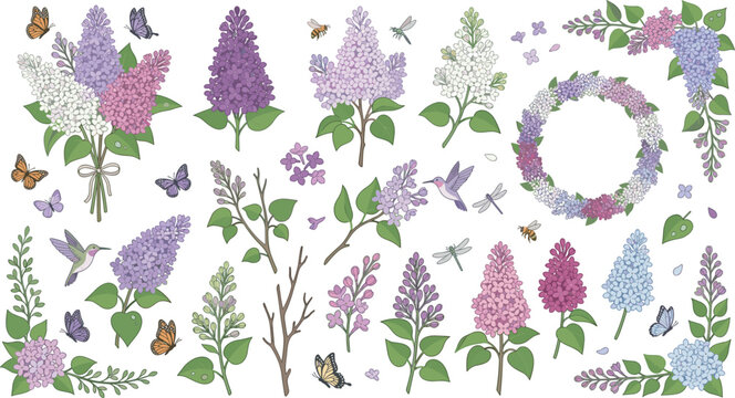 Beautiful blooming lilac flowers vector set with colorful spring blossoms bouquets branches green leaves floral wreaths hummingbirds butterflies isolated on white background