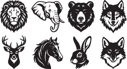 Obraz premium Set of eight black and white animal head icons featuring a lion, elephant, bear, wolf, deer, horse, rabbit, and fox on white background