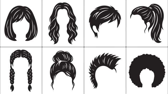 Set of diverse female hairstyle silhouettes in black on a white background, including wavy, straight, braided, bun, and, curly hair variations