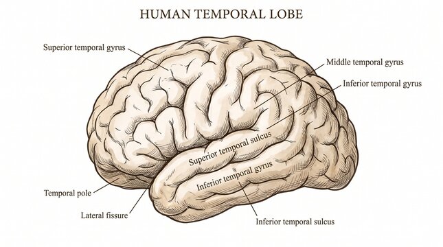 Anatomical illustration showing the human brain temporal lobe structures and labeled regions.