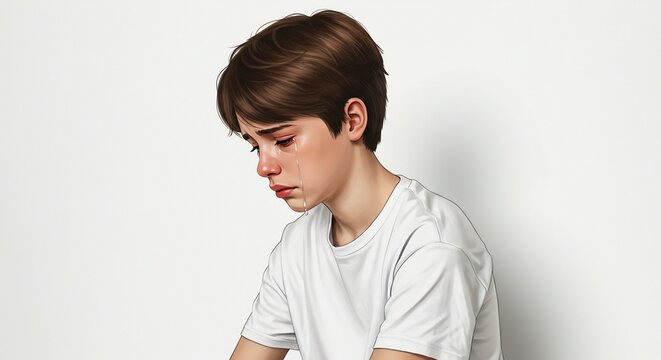 Tearful Adolescent: A young boy, with eyes red from crying and a sorrowful expression, sits alone, conveying a deep sense of sadness and despair.