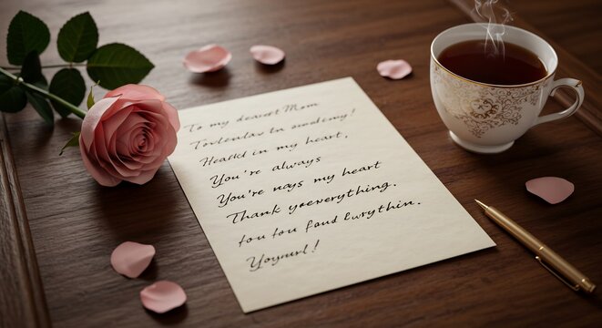 A heartfelt letter accompanied by a delicate rose and a steaming cup of tea, creating a serene moment of reflection and affection.