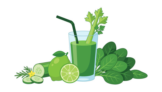 Healthy green vegetable smoothie glass with celery spinach lime and cucumber slices flat vector illustration isolated on white background