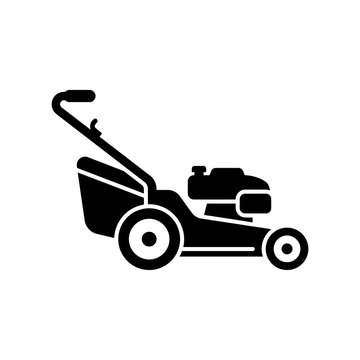 Lawn mower machine icon depicts black motor gardening equipment used for maintenance yard work cutting grass park landscaping home exterior outdoor services.