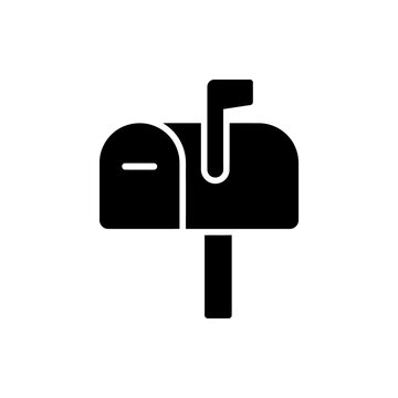 Mailbox black silhouette icon with flag detail demonstrating postal service concept for communication mail delivery systems and traditional letter box design assets.
