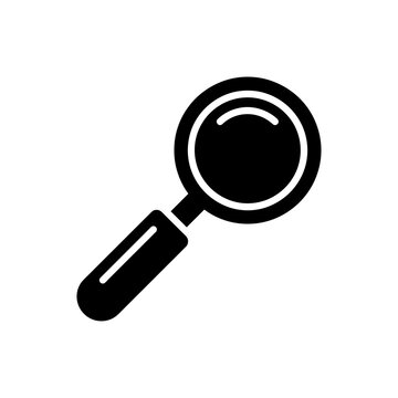 Magnifying glass black silhouette icon showing search function for investigative research data analysis and zooming into details within digital graphic user interfaces.