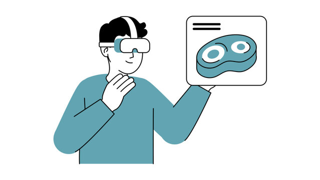 A person wearing a virtual reality headset and examining a digital model of a meat product, illustrating futuristic food design