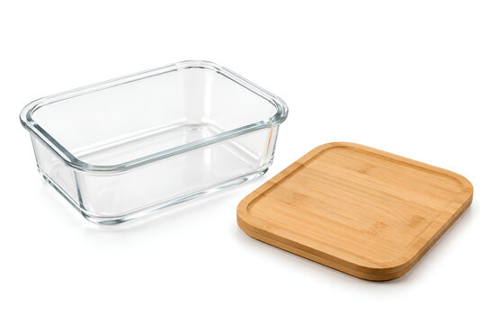 Glass food storage container with separate bamboo lid on white