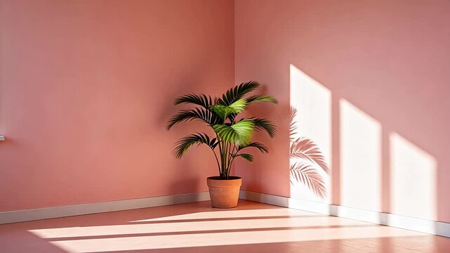 Sunlight casting plant shadow on pink wall and floor in minimal room