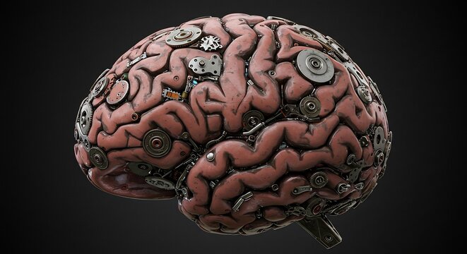 Steampunk Brain: A detailed close-up of a human brain with intricate steampunk-inspired gears and mechanisms integrated into its structure, suggesting a fusion of biology and mechanics.