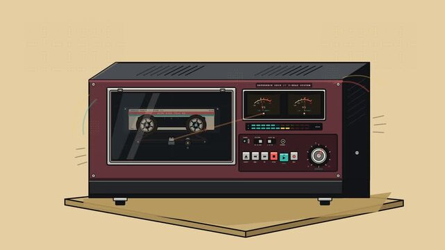 Premium cassette deck playing an analog music tape with rotating reels, mechanical transport, VU meters and dynamic audio signal visualization in a detailed isometric pop art vector style.