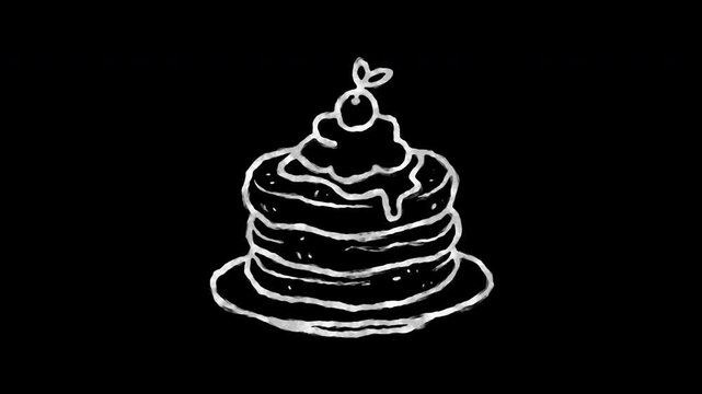 Hand drawn chalk style 2D animated loop of pancake stack with syrup and cherry dessert for breakfast cafe menu and culinary web design