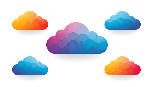 Vector cloud puzzle pieces isolated on transparent background illustration showing abstract colorful connected components.