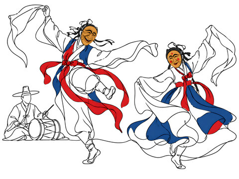 Traditional Korean Mask Dancers Performing in Busan One Line Drawing