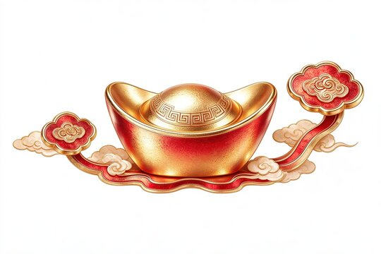 Gold Ingot With Red And Gold Ruyi Scepter And Auspicious Clouds