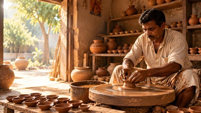 Indian Potter Shaping Clay on a Traditional Wheel