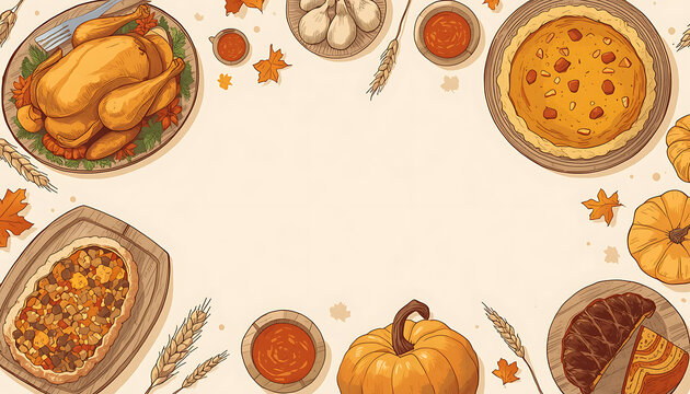 Thanksgiving dinner table vector illustration with roasted turkey pumpkin pie and harvest food on white transparent background.