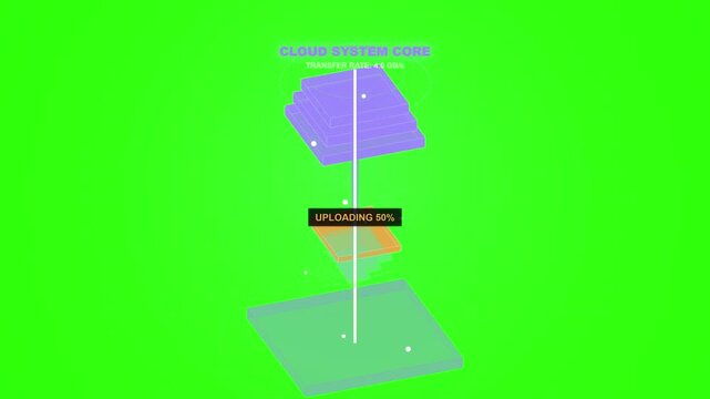 3D render animation of cloud system core file upload progress bar with transfer rate on green screen chroma key background