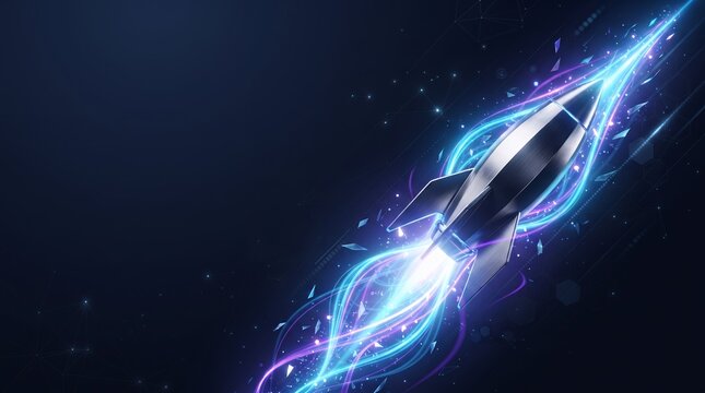 A sleek silver rocket ship streaks through a dark cosmos, leaving a trail of vibrant blue and purple energy.