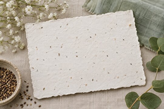 Blank textured seed paper invitation with botanical decoration