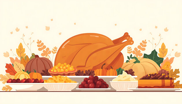 Thanksgiving dinner arrangement with roasted turkey surrounded by pumpkins, pies, and side dishes vector illustration.