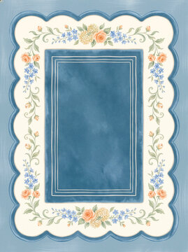 Vintage watercolor blue scalloped floral frame with roses, copy space