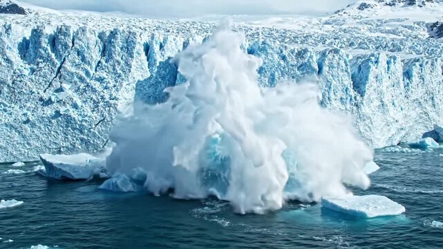 Massive Glacial Ice Chunk Calving and Splashing into Ocean Water