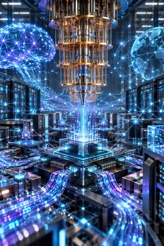 Artificial Intelligence Network and Data Processing Quantum Computer System Hologram for Futuristic Technology.