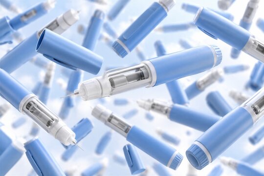 Numerous Semaglutide GLP-1 Injection Pens Floating for Diabetes and Weight Loss Pharmaceutical Medical Treatment.
