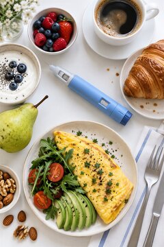 GLP-1 Injector Pen on Breakfast Table with High Protein Food for Weight Management and Healthy Lifestyle.