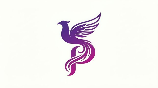 Minimalist purple phoenix bird logo with elegant swirling tail, modern mythical creature emblem isolated on white background