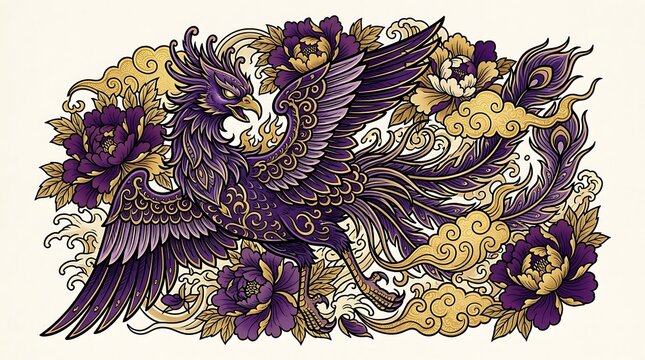 Ornamental phoenix bird in traditional Japanese tattoo style with purple peony flowers and golden clouds, mythical illustration