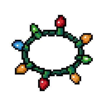 Retro Pixel Art Colorful Christmas Lights String Wreath   
