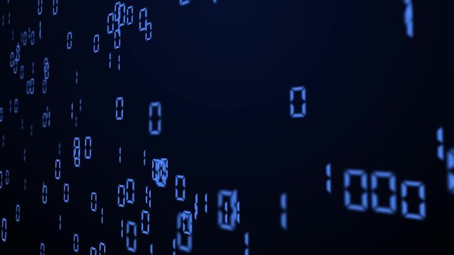 Abstract blue binary code data stream, futuristic digital perspective numbers background, glowing zero and one big data processing, software programming and coding concept.