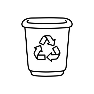 Recycle bin black outline icon with triangular arrows on transparent background designed for environmental awareness campaigns and waste management education.