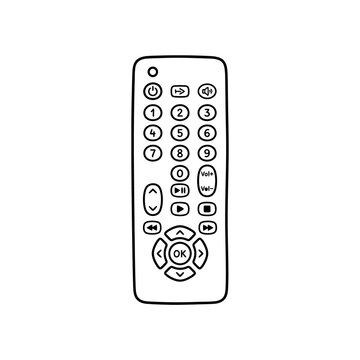 Television remote control black outline vector illustration on transparent background ideal for smart home technology guides and media entertainment app interfaces.
