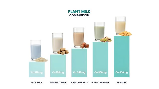 Plant milk calcium content comparison chart with glasses and nuts