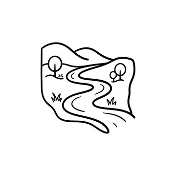 Winding river landscape sketch showing hills and trees in black outline on transparent background suitable for nature tourism concepts and geographic map icons.