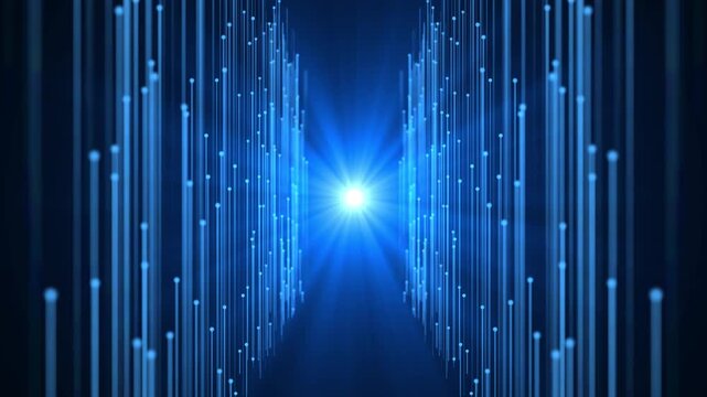 Abstract blue fiber optic line background, futuristic digital data stream perspective, glowing center light flare burst, high speed internet connection concept.