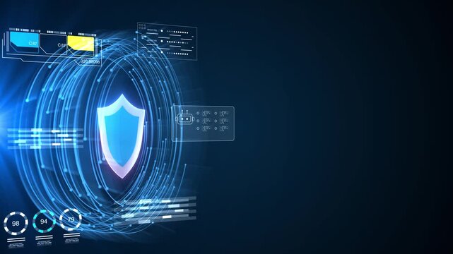 Cyber security shield data protection, glowing HUD dashboard interface, digital antivirus firewall analytics, cyber attack defense.