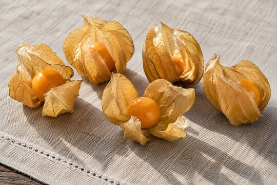 Golden physalis fruits with papery husks on linen
