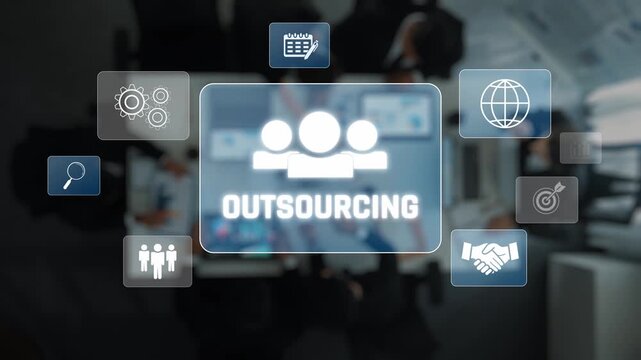 Visual representation of outsourcing in a modern business context, featuring icons for collaboration, global connectivity, and efficiency, emphasizing strategic partnerships. Raster