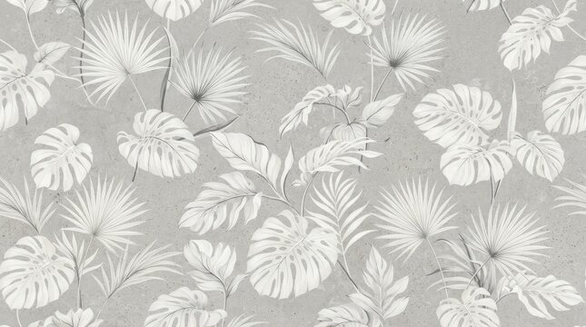 A seamless pattern featuring tropical palm and monstera leaves in shades of grey and white on a textured, light grey paper-like background surface